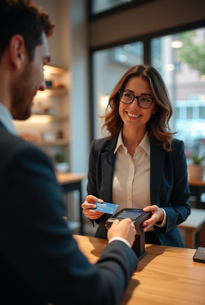 An cooperate worker swipes debid card to pay for items