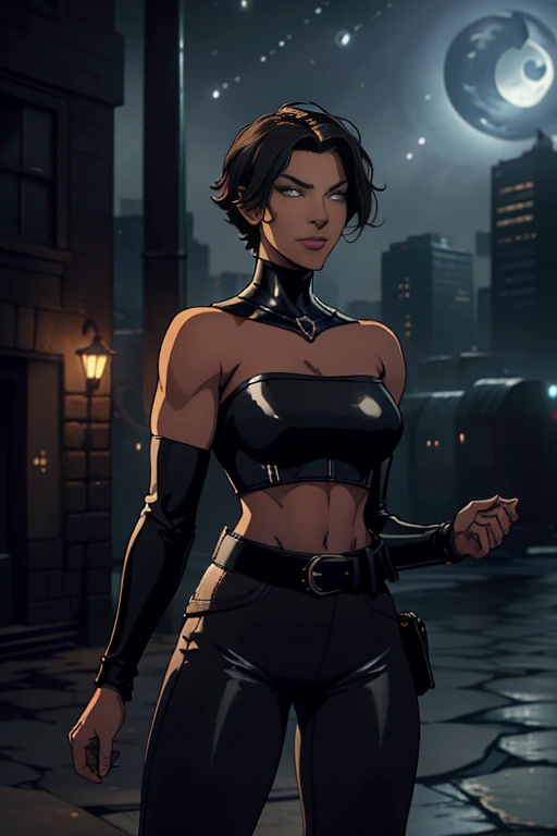 (Masterpiece, Best Quality), (A Gorgeous 26 Years Old woman), (Short Black Hair:1.4), (Tan bronze Skin:1.4), (Yellow Eyes), (Smug and Arrogant smile), (Black Leather Jacket, Strapless Black Tube-Top, Black Tight Pants and White Belt:1.4), (Snarky Expression), Deep Cleavage, (Midriff), (Dynamic Pose:1.4), (City Road at Night with Moonlight:1.6), Centered, (Waist-up Shot:1.4), From Front Shot, Insane Details, Intricate Face Detail, Intricate Hand Details, Cinematic Shot and Lighting, Realistic and Vibrant Colors, Masterpiece, Sharp Focus, Ultra Detailed, Depth of Field, Incredibly Realistic Environment and Scene, Master Composition and Cinematography, castlevania style
