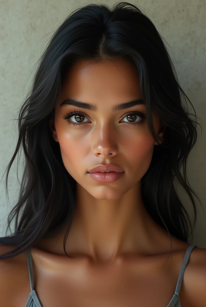 Realistic image of a latin girl with Brown skin, straight black hair and blue eyes