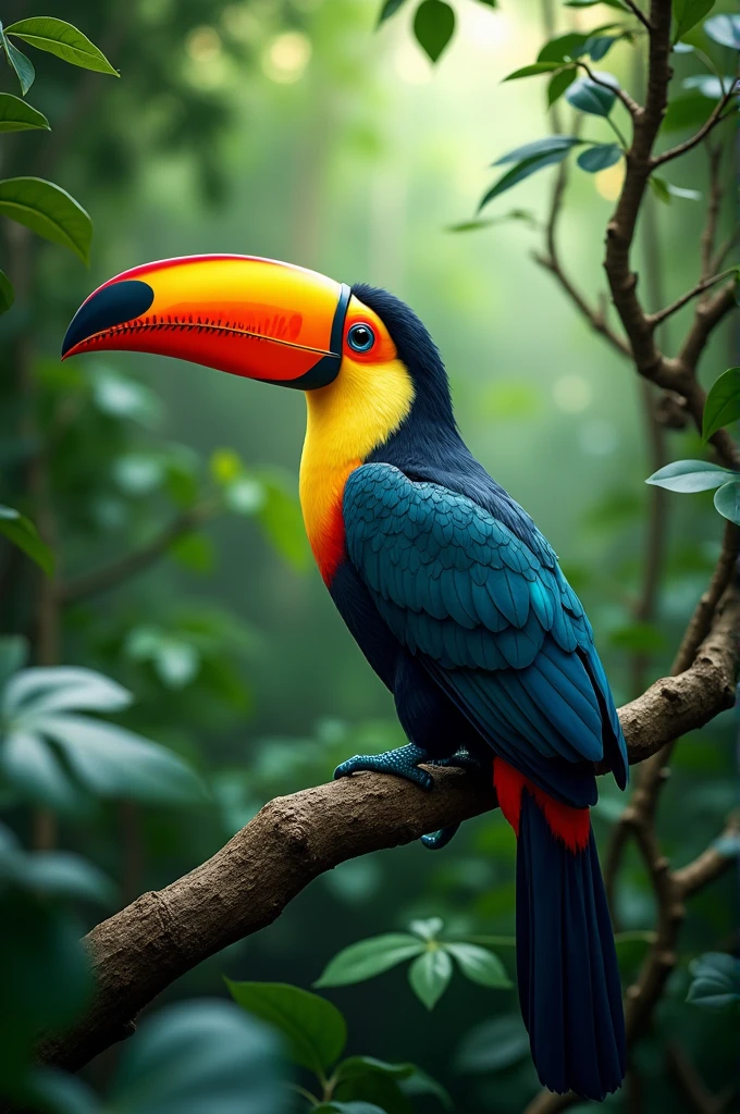 A colorful toucan with its large, vibrant beak, perched on a branch in the Amazon rainforest, surrounded by dense greenery.