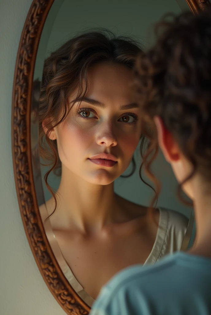 a person looking into a mirror that reflects various aspects of their life