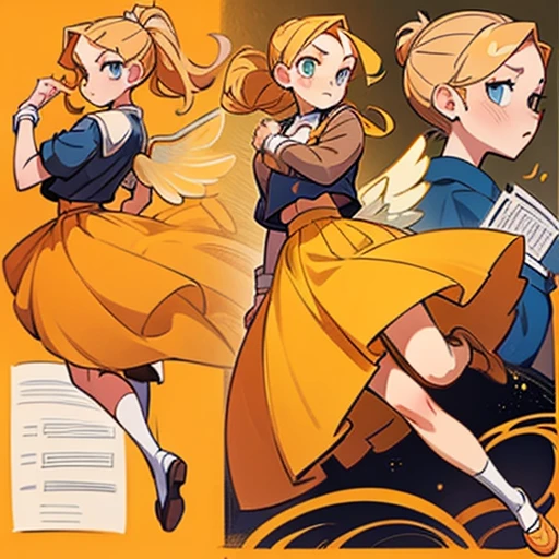A girl with an oval face with large, expressive amber eyes. She wears subtle makeup to highlight her natural beauty.
Long, golden blonde hair, worn in a high ponytail or loose with waves. Adorned with headbands
Body with a curvy and attractive figure. Golden-toned skin
Dressed in orange and blue erotic school uniform skirt and with fairy wings
(((character sheet))) ((various views)) ((front and back) (Face detail) (full body)