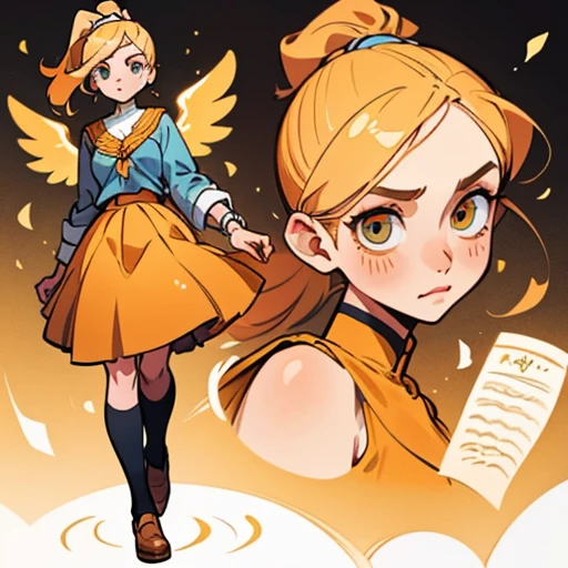A girl with an oval face with large, expressive amber eyes. She wears subtle makeup to highlight her natural beauty.

Long, golden blonde hair, worn in a high ponytail or loose with waves. Adorned with headbands

Body with a curvy and attractive figure. Golden-toned skin

Dressed in orange and blue erotic  school uniform skirt and with fairy wings 

(((character sheet))) ((various views)) ((front and back) (Face detail) (full body)