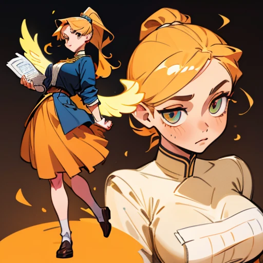 A girl with an oval face with large, expressive amber eyes. She wears subtle makeup to highlight her natural beauty.
Long, golden blonde hair, worn in a high ponytail or loose with waves. Adorned with headbands
Body with a curvy and attractive figure. Golden-toned skin
Dressed in orange and blue erotic school uniform skirt and with fairy wings
(((character sheet))) ((various views)) ((front and back) (Face detail) (full body)
