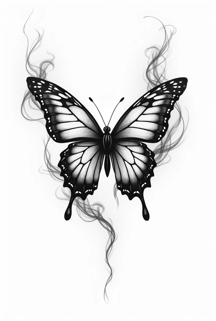 create a highly detailed black and white butterfly tattoo design, with smoke details 

