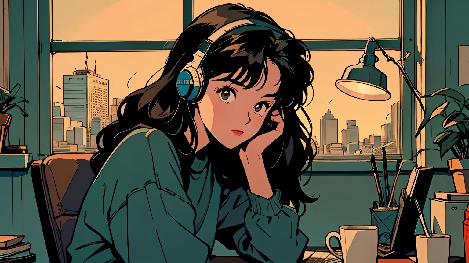 A young woman is sitting comfortably in a modern, cozy room with a cityscape visible through a large window at night. The main object of focus is the woman, who appears to be in her late teens or early twenties. She has long, wavy brown hair and is wearing a pair of large over-ear headphones. Her eyes are closed, and she has a serene, relaxed expression on her face as she listens to music.

The woman is seated in a plush armchair, which is positioned to the right of a wooden desk. On the desk, there is a modern desktop computer, a ceramic coffee mug, and a small potted plant. A desk lamp with a warm, yellow glow is placed on the left side of the desk, casting a soft light over the scene. The light from the lamp is the primary light source, illuminating the woman and creating gentle shadows around her.

In the background, the large window offers a stunning view of the city at night, with numerous skyscrapers and their illuminated windows creating a vibrant, urban atmosphere. The room itself is painted in neutral tones, with the walls adorned with minimalistic decor. The overall color scheme of the image features warm tones from the lamp and the cooler tones of the night cityscape, creating a balanced and visually appealing contrast.

The perspective of the image is from a slight angle, allowing for a clear view of the woman, the desk, and the background cityscape. The size of the image is rectangular, with a wide aspect ratio that captures the breadth of the scene. The theme of the image is calm and relaxation, with an emphasis on the soothing environment and the woman's peaceful state.

