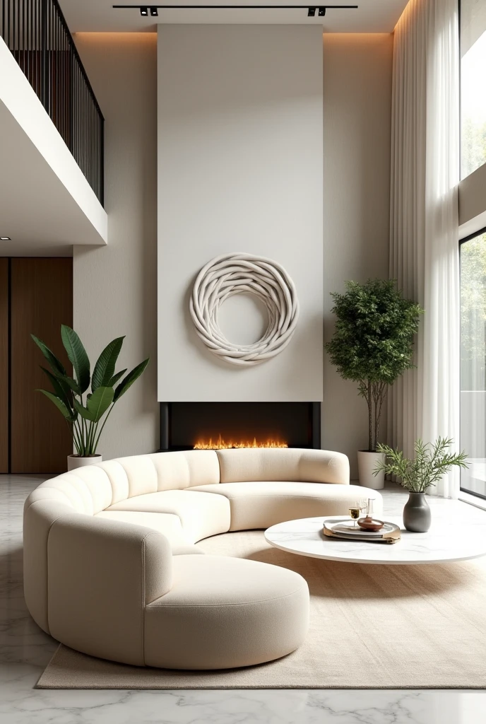 Professional 3d architecture rendering design of modern and minimal so light big curve white  beige  velvet sofa and white marble slab stone and white  white marble flouting fireplace and spiral painting wall and modern  and elegant accessories and sculpture and modern green space and white marble slab stone middle table and elegant curtains 