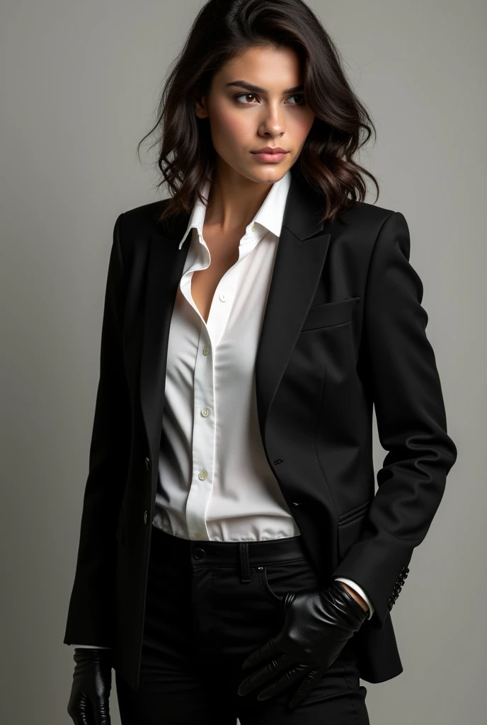 Latin American Costa Rican brunette person with a black jacket, black gloves, white shirt and black pants