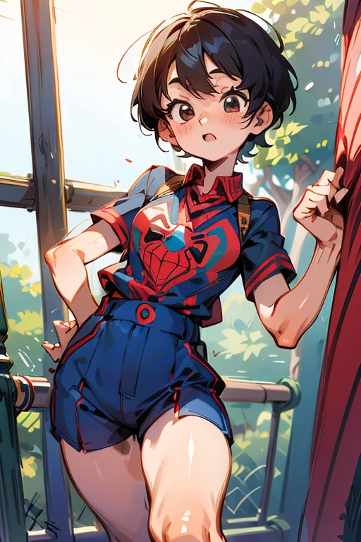 Penny parker spiderman, uniforme colegial, japanese , short hair, Detailed hands, pose sexy