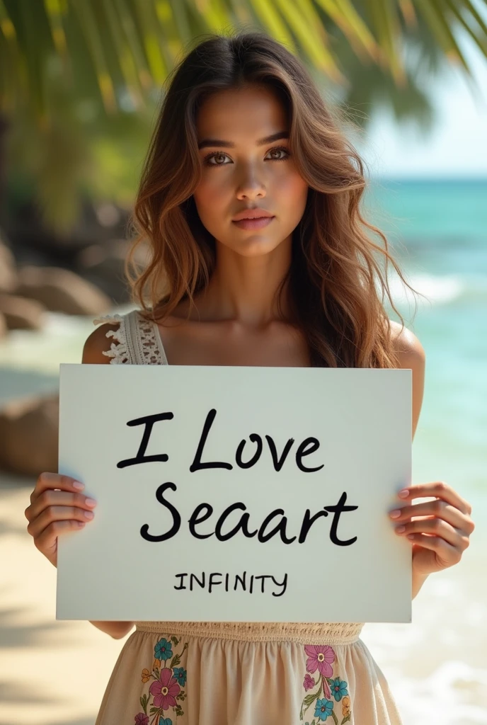 Beautiful girl with wavy long hair, bohemian dress, holding a white board with text "I Love Seaart Infinity" and showing it to the viewer