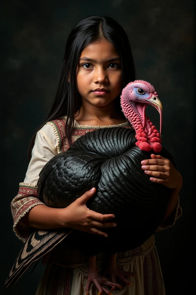 "(the best lighting, high contrast, dark, dramatic),(Mexican Mayan indigenous girl with a turkey, with Mexican regional overflow . Luz Caravaggio"