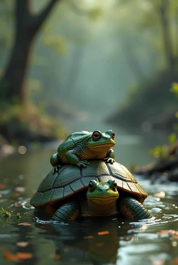 Toby and Freddy in the Flooded Pond:

"A small turtle carrying a tiny frog on its back through a flooded, turbulent pond with debris floating around, showcasing the turtle's determination and the frog's relief."
