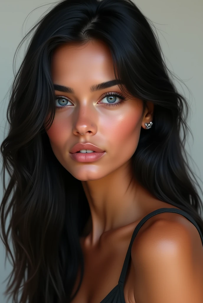 Realistic image of a latin girl with Brown skin, straight black hair and blue eyes