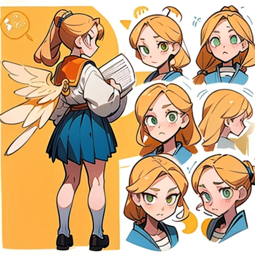 A girl with an oval face with large, expressive amber eyes. She wears subtle makeup to highlight her natural beauty.

Long, golden blonde hair, worn in a high ponytail or loose with waves. Adorned with headbands

Body with a curvy and attractive figure. Golden-toned skin

Dressed in orange and blue erotic  school uniform mini-skirt and with fairy wings 

(((character sheet))) ((various views)) ((front and back) (Face detail) (full body)