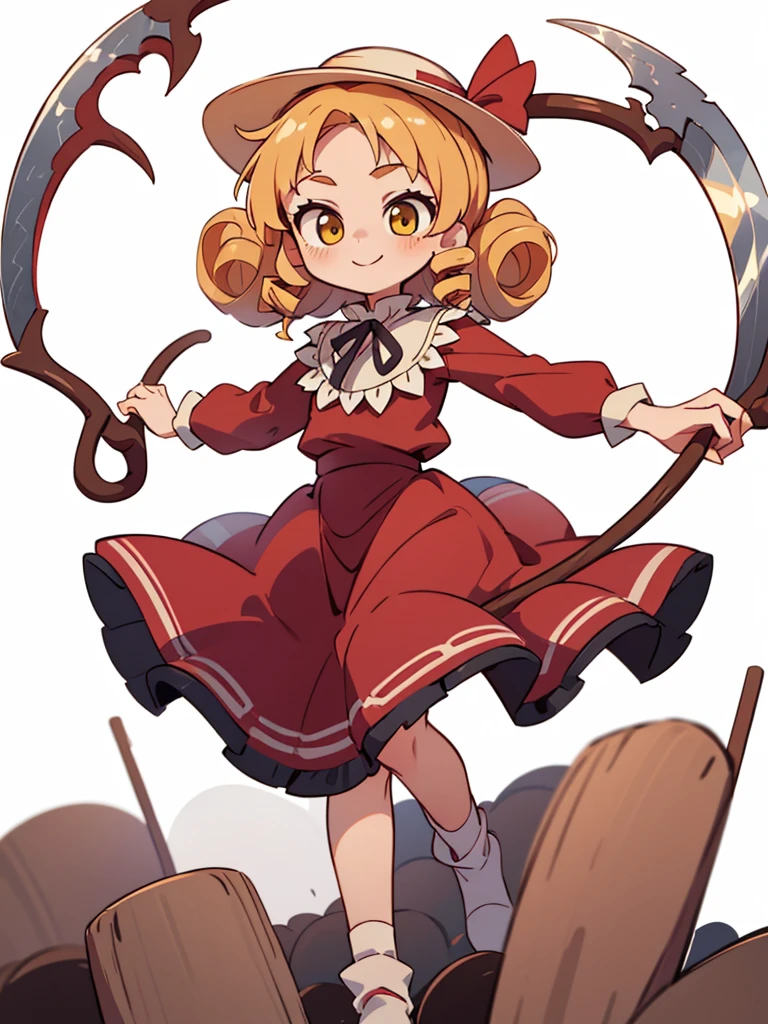 a drawing of an anime character in a red dress and boots with a large scythe, ((high end)), (UHD picture), (best quality,4k,8k,highres,masterpiece:1.2), top-quality(​masterpiece), top-quality, ultra-detailed, highly detailed texture, intricate details, high quality textures, masterpiece, best quality, perfect quality, perfect anatomy, perfect body, perfect symmetrical face, perfect hands, perfect feet, (two arms:1.2), (two legs:1.2), (five fingers each:1.2), (perfect joint:1.2), perfect joint movement, precise fingers and hands, 1 beautiful girl, 1 girl, alone, solo, , 10 years old, (((****))), ((childish)), hat, white hat, blonde hair, long hair, parted bangs, drill hair, well-formed face, yellow eyes, maxi dress, red dress, dress, long sleeves, frills, long skirt, simple background, scythe, holding scythe, holding, white socks, smile, cute face, beautiful, holding scythe