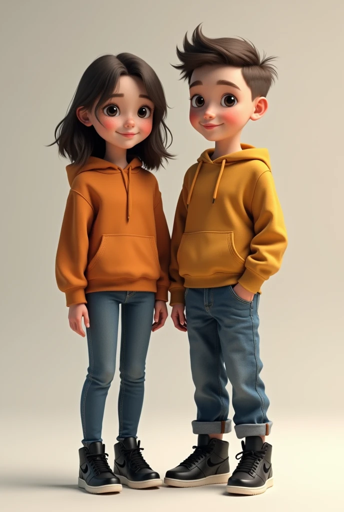 Generate me a short girl about 1.60 with medium wavy and slightly long dark hair and a small mole on the side of the nose, Next to her there has to be a boy who is a little taller than her and chubby, who has brown hair and a tapered cut, and who both have completely black Air Force 1 sneakers on and jeans.