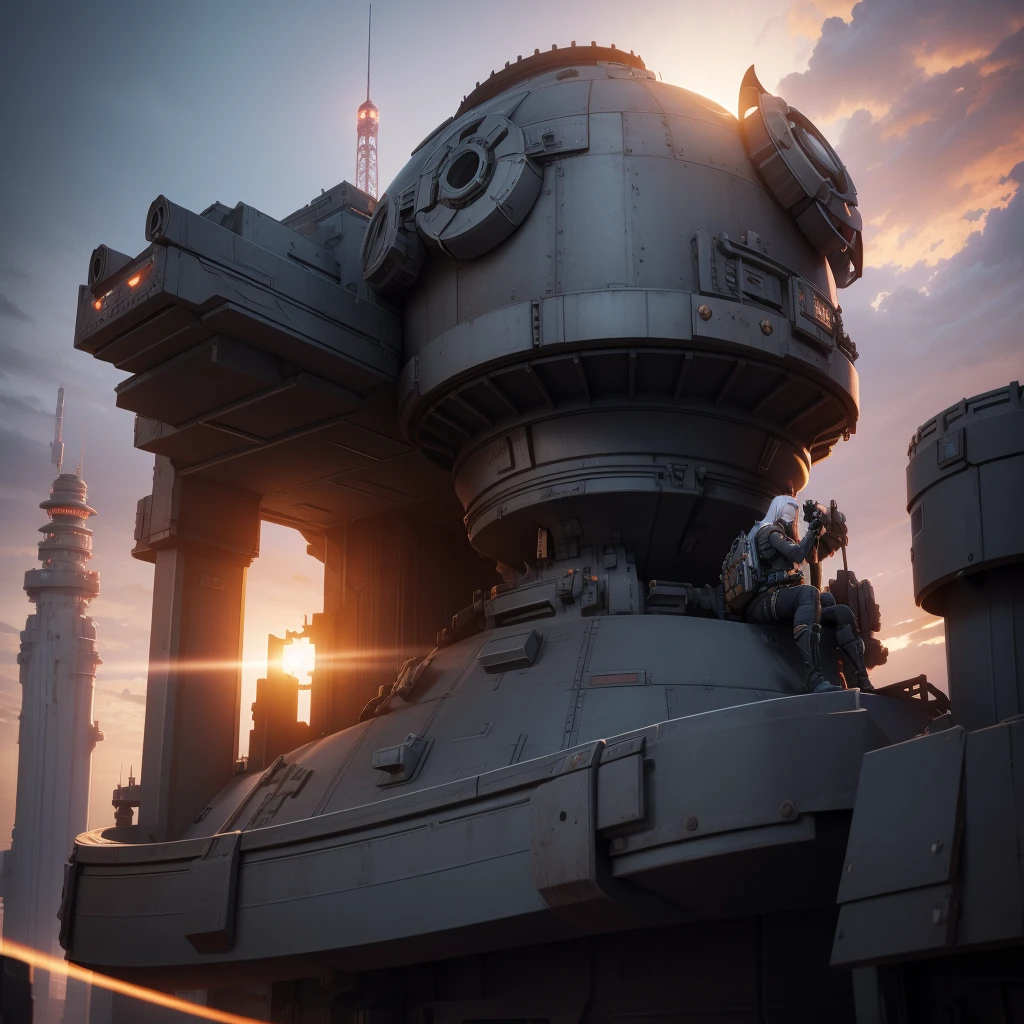 Create an image of a large mechanical tank with detailed tracks and armored body, topped by a futuristic tower. Sitting in the tower is a girl with white skin, long black hair,  with his gaze fixed on the battle before him, composed and armed with advanced weaponry. The background depicts a dramatic sunset casting warm light over the silhouette of a dystopian cityscape..&quot;High quality, High details, 3D rendering, OctaneRender 8K, 