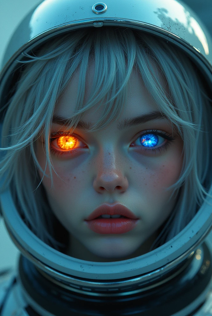 (Close-up of a better masterpiece:1.5)0.9], (Space and astronauts:1.2) (Messy silver hair:1.1) (Heterochromia xanthochromia and blue eyes:1.2) (Space Helmet:1.0) (Colored stars in the eyes:1.0) (A radiant glow:1.1) (thick lips:0.9)