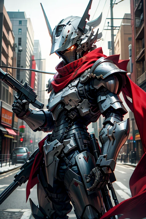 solo, Highres, black armor, holding gun, pointing at viewer, city background, male, mecha, red scarf, long scarf