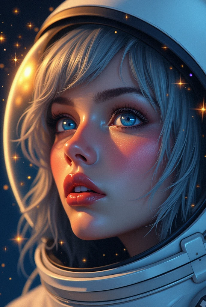 (Close-up of a better masterpiece:1.5)0.9], (Space and astronauts:1.2) (Messy silver hair:1.1) (Heterochromia xanthochromia and blue eyes:1.2) (Space Helmet:1.0) (Colored stars in the eyes:1.0) (A radiant glow:1.1) (thick lips:0.9)