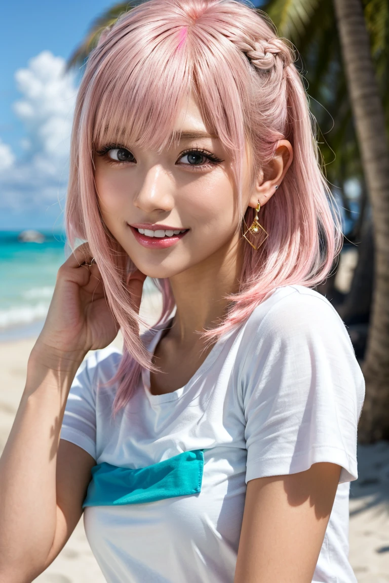 Highest quality, Tabletop, Ultra-high resolution, (Realistic:1.4), (Japanese Idols),RAW Photos, One Girl, blonde, (Pink inner hair:1.3),Glossy Lips,21 years old,Beautiful and beautiful eyes,Diamond jewellery,Earrings,Gold Jewelry,Cold Light,,(Strengthened upper arms:1.2),Pixie Hair、White shirt,T-shirt lift、beach、smile