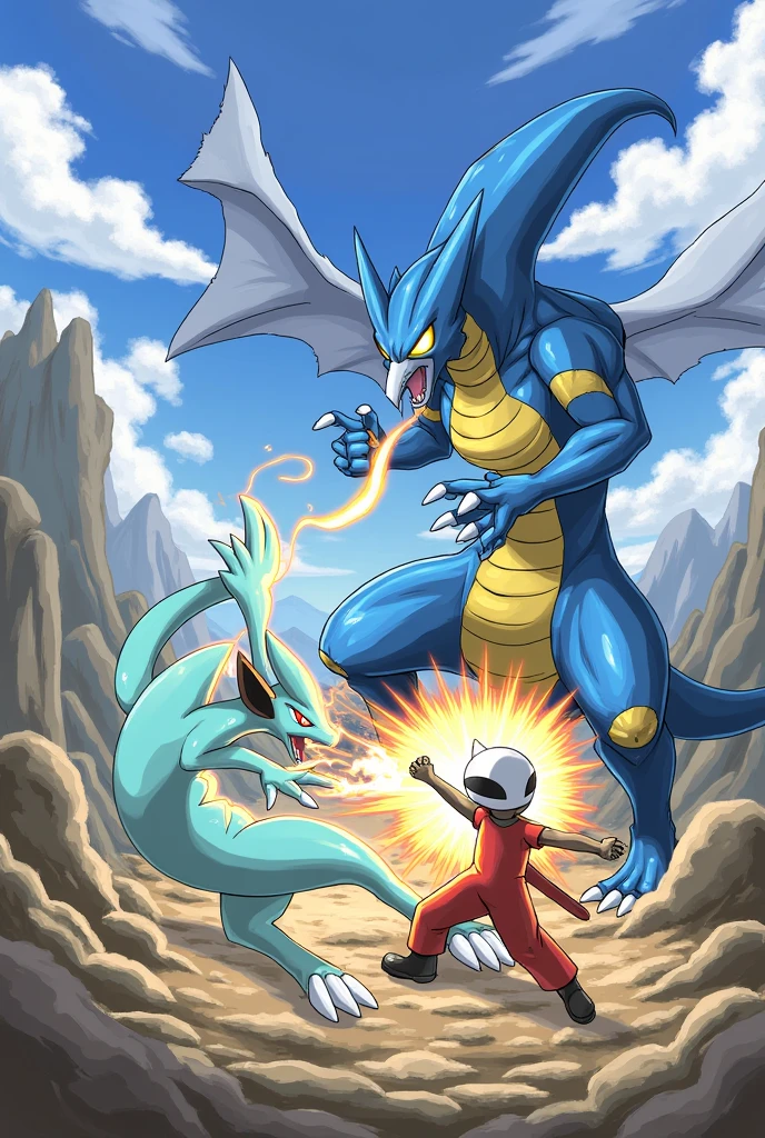 Create a drawing of Lucario and Dragonite fighting