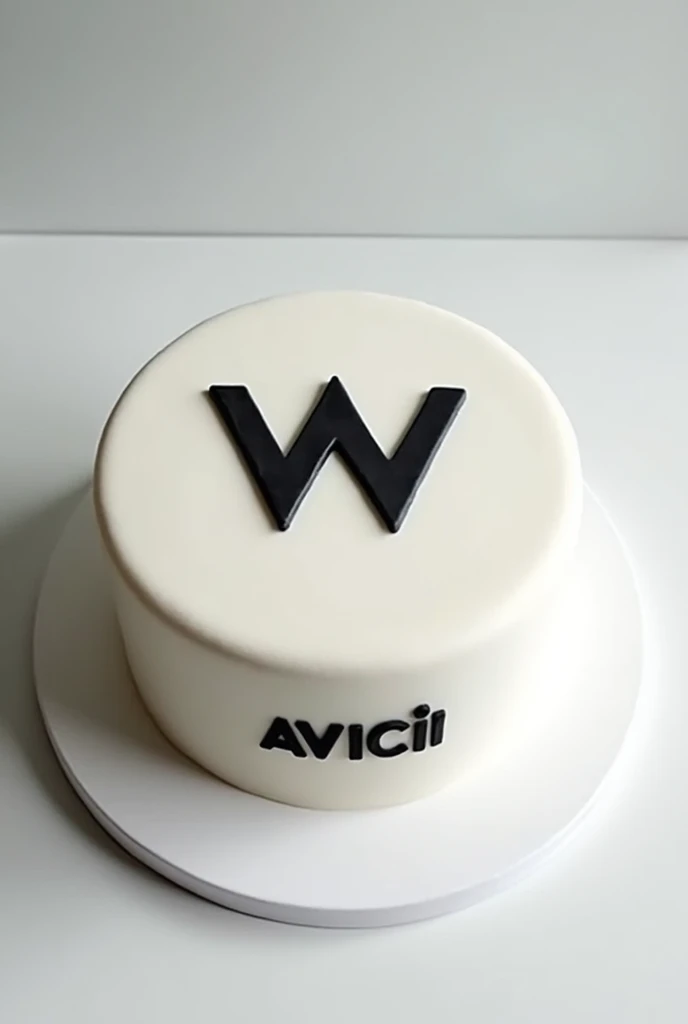A cake with Avicii&#39;s logo and his name on it, that it is made of milk, a single layer
