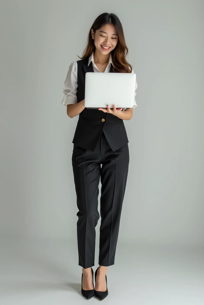 Create an image of an 18-year-old Asian businesswoman standing while working on a MacBook, smiling with a cute face. The image should be full-body, showing her wearing a slightly revealing vest, with high heels, exuding a youthful and successful appearance
