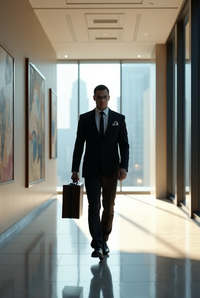 An cooperate employee walking through a corridor