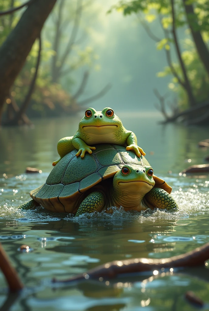 Toby and Freddy in the Flooded Pond:
"A small turtle carrying a tiny frog on its back through a flooded, turbulent pond with debris floating around, showcasing the turtle's determination and the frog's relief."
