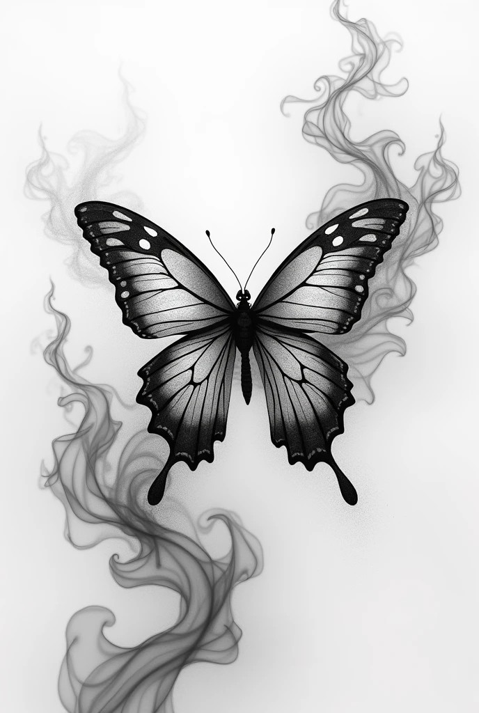 create a very detailed drawing with fine and delicate lines in black and white of a butterfly for a tattoo, with lots of smoke details 
