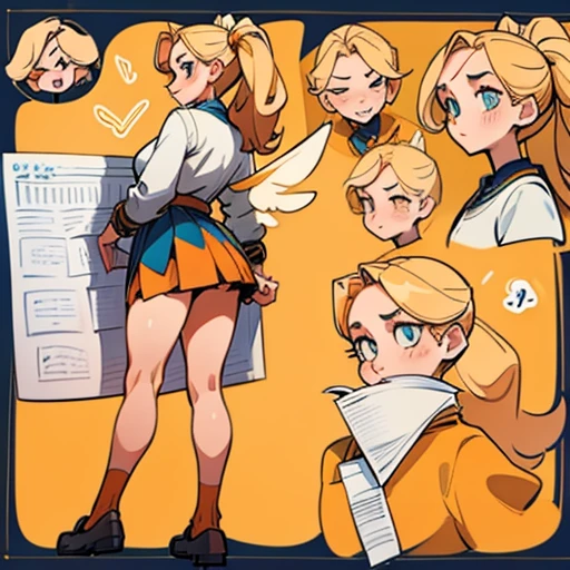 A girl with an oval face with large, expressive amber eyes. She wears subtle makeup to highlight her natural beauty.

Long, golden blonde hair, worn in a high ponytail or loose with waves. Adorned with headbands

Body with a curvy and attractive figure. Golden-toned skin

Dressed in orange and blue erotic  school uniform mini-skirt and with fairy wings 

(((character sheet))) ((various views)) ((front and back) (Face detail) (full body)