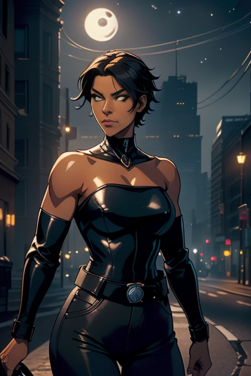 (Masterpiece, Best Quality), (A Gorgeous 26 Years Old woman), (Short Black Hair:1.4), (Tan bronze Skin:1.4), (Yellow Eyes), (Smug and Arrogant smile), (Blue Leather Jacket, Strapless Black Tube-Top, Black Tight Pants and White Belt:1.4), (Snarky Expression), Deep Cleavage, (Midriff), (Dynamic Pose:1.4), (City Road at Night with Moonlight:1.6), Centered, (Waist-up Shot:1.4), From Front Shot, Insane Details, Intricate Face Detail, Intricate Hand Details, Cinematic Shot and Lighting, Realistic and Vibrant Colors, Masterpiece, Sharp Focus, Ultra Detailed, Depth of Field, Incredibly Realistic Environment and Scene, Master Composition and Cinematography, castlevania style