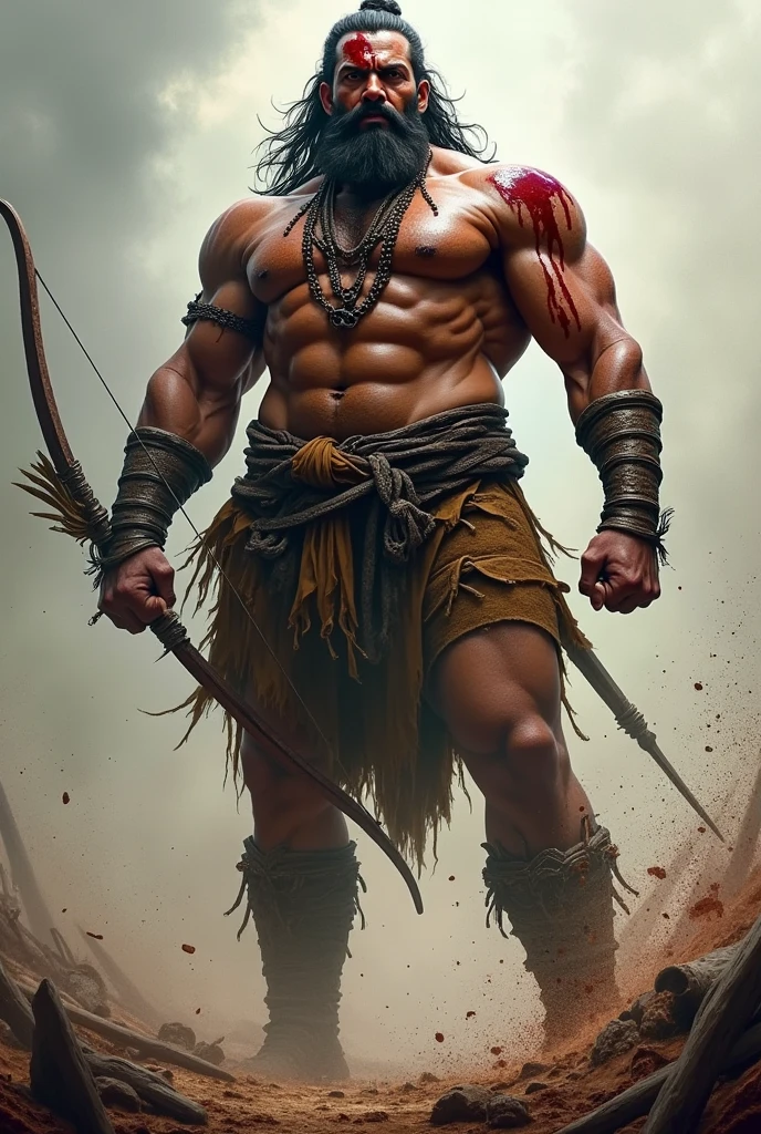 A hindu warrior man 13 feet long and strong with weapons bow and arrow and  wounds on his body and centre of his forehead  (aswathama ) 
