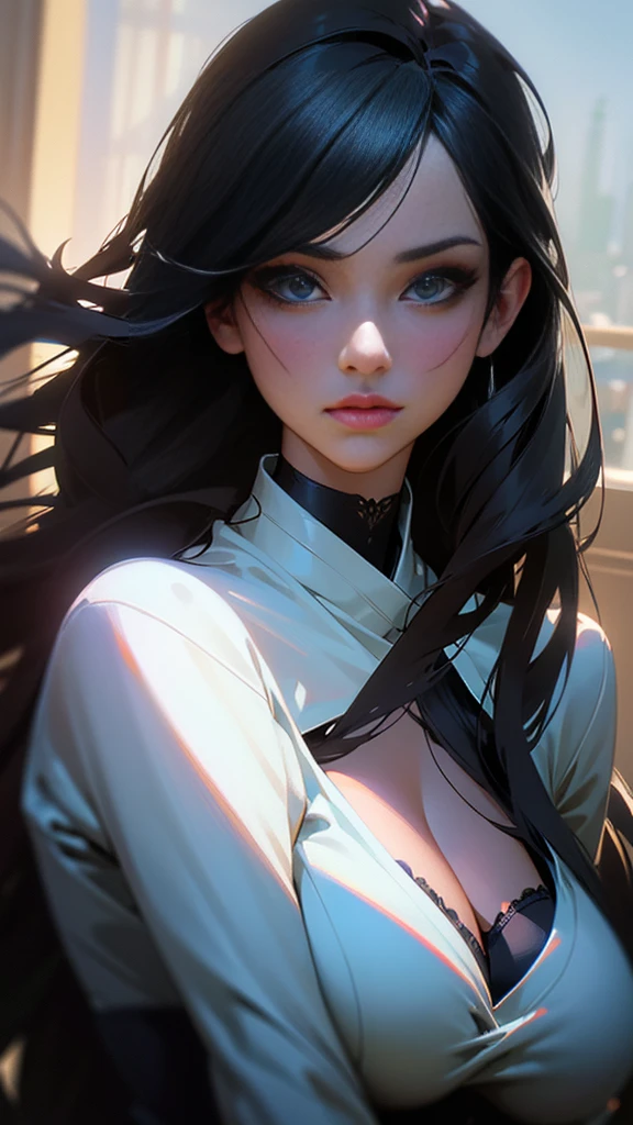 a girl with long black hair, beautiful detailed eyes, beautiful detailed lips, beautiful detailed face, large breasts, detailed realistic portrait, high quality, 8k, ultra-detailed, photorealistic, photo-realistic, vivid colors, dramatic lighting, cinematic lighting, dramatic shadows, elegant, feminine, sensual, captivating gaze