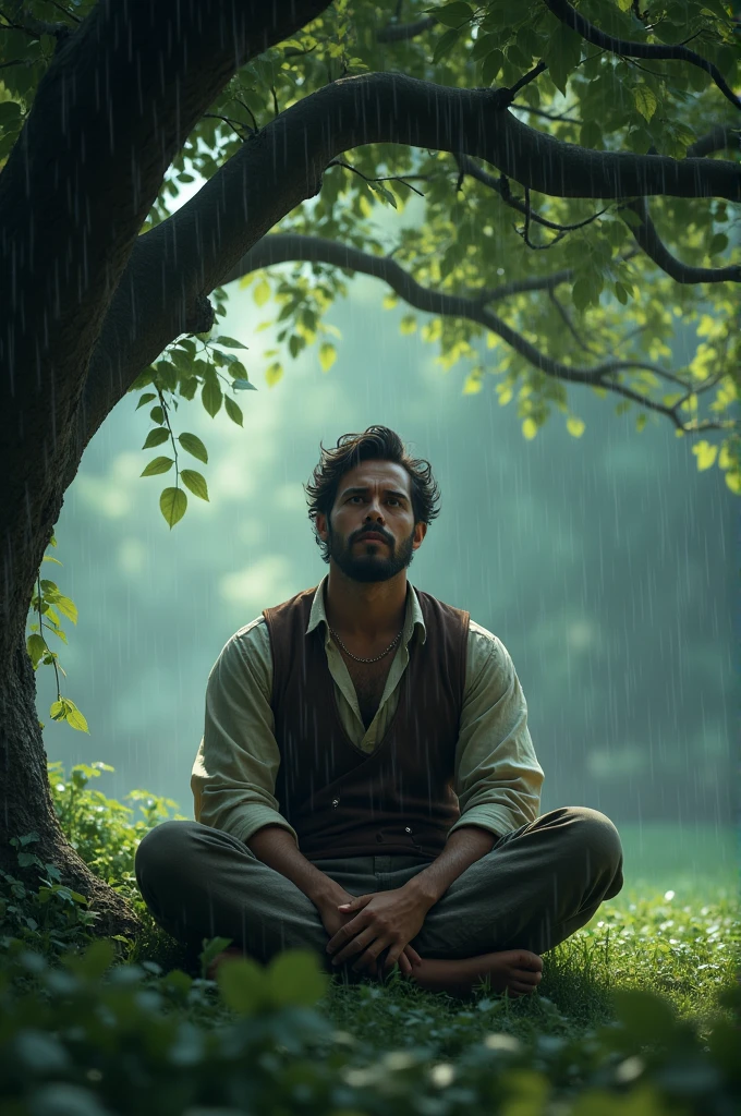 It rains.  A man sits under a tree.. and thinks about something.its high quality 
