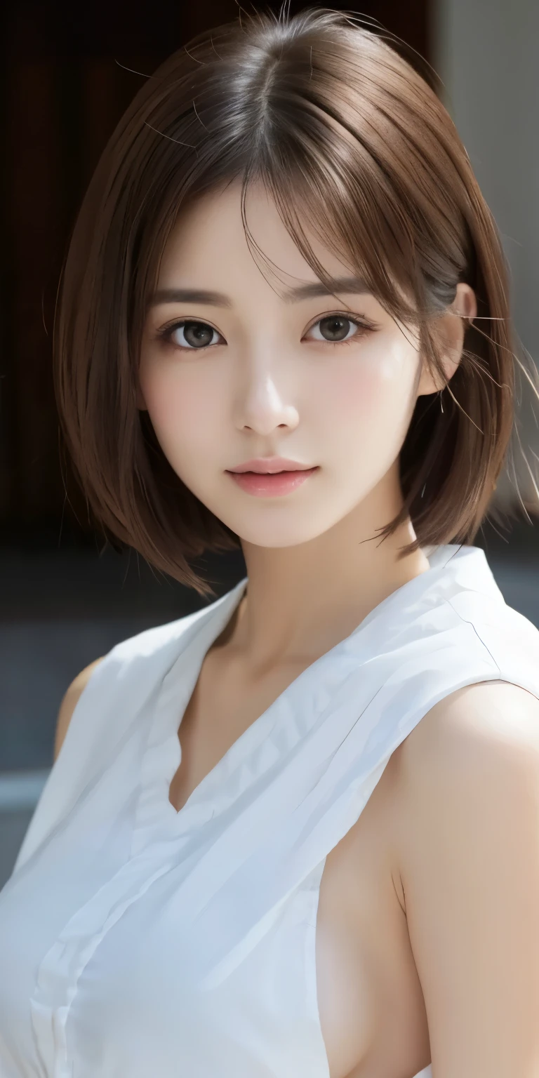 masterpiece、highest quality、High resolution、table top、wallpaper、realistic、bright lighting、professional lighting、face light、smooth lighting、japanese woman、adult woman、Beautiful woman、actresodeled、gravure、sexy、super beautiful、beautiful skin、beautiful and detailed eyes、detailed face、slim、Medium chest size～Big 、short hair、brunette colored hair、brown eyes、look at the camera、Gundam from the neck down、profound feeling、beautiful areola、beautiful nipples、Opening Yukata、