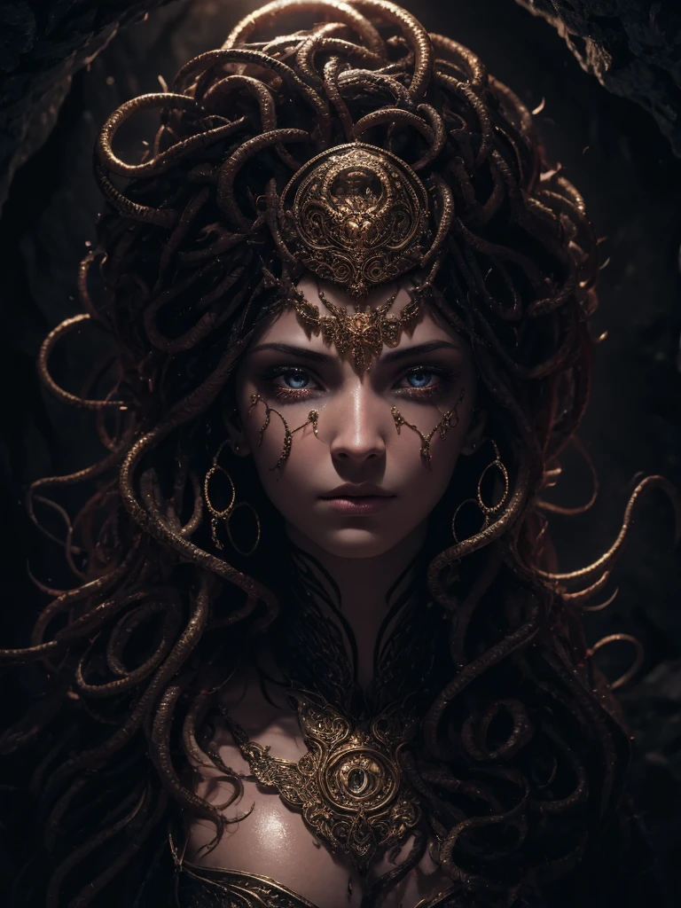 best quality, 8k, very delicate and beautiful, highly detailed face and skin texture, shiny skin, high resolution, medusa stand in a cave, sharp focus