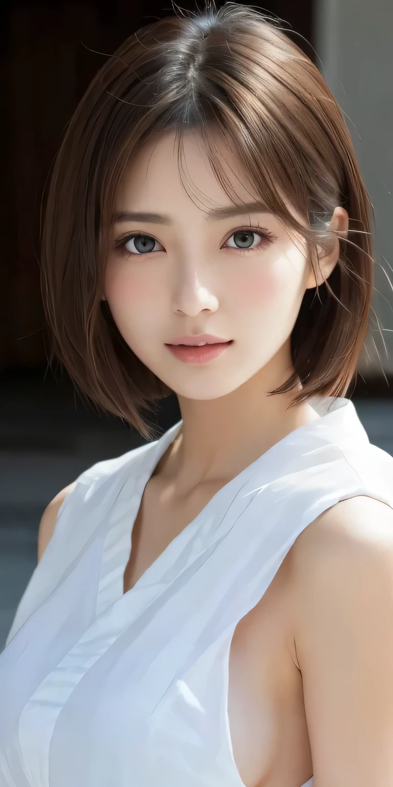 masterpiece、highest quality、High resolution、table top、wallpaper、realistic、bright lighting、professional lighting、face light、smooth lighting、japanese woman、adult woman、Beautiful woman、actresodeled、gravure、sexy、super beautiful、beautiful skin、beautiful and detailed eyes、detailed face、slim、Medium chest size~Big 、short hair、brunette colored hair、brown eyes、look at the camera、Gundam from the neck down、profound feeling、beautiful areola、beautiful nipples、Opening Yukata、
