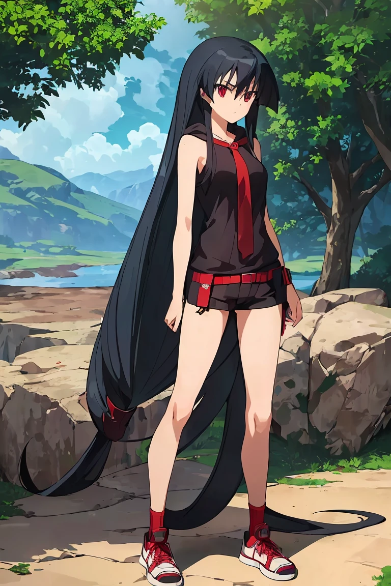 Master piece, best quality,(((1girl,solo))),full_body,akame,red_eyes,black_hair,(((very_long_hair))), yellow_hoodie, short _shorts, loose_socks, sneakers,looking_at_me,backgroud_road