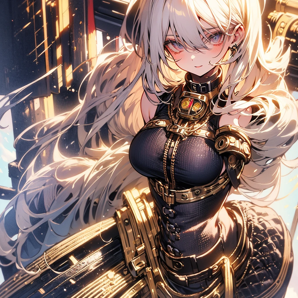 (((steampunk))),ultra realistic 8k cg, picture-perfect face, flawless, clean, masterpiece, professional artwork, famous artwork, perfect face, beautiful face, beautiful eyes, ((perfect female body)),large breasts, solo,, ,skirt,,blush,seductive expression,extremely detailed_eyes,thick thighs,((white hair)), short hair,, beautifully detailed background,depth of field,,bdsm,skindentation,full body,shirt,, pantyhose,