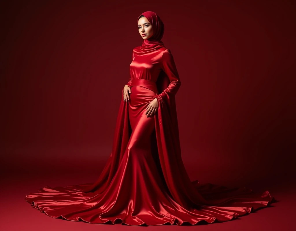 An alluring woman shrouded in a 4-meter-long, plush red satin cloth, tightly bound and grandly draping along the form of her body, flowing off into a pooled floor-length train, styled in a mermaid-inspired outfit, her head modestly veiled in a satin hijab, shiny fabric, a full-body pose conveying a sense of mysterious elegance, captured in a 4k resolution, ultra-realistic