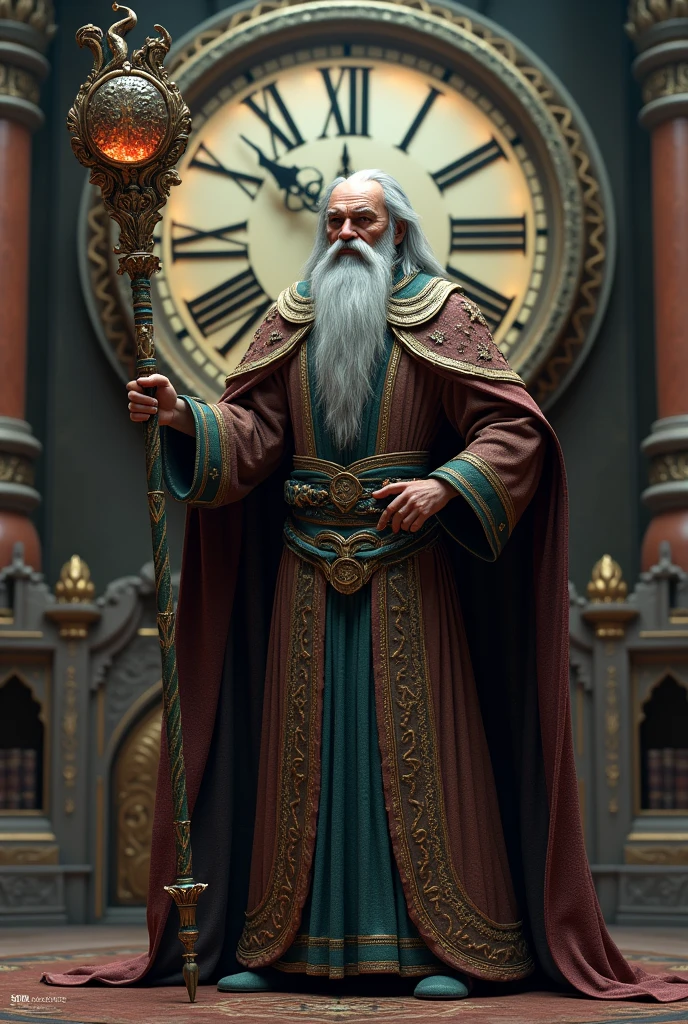 Create a wizard with a staff and a clock behind him, very realistic Lord of the Rings style