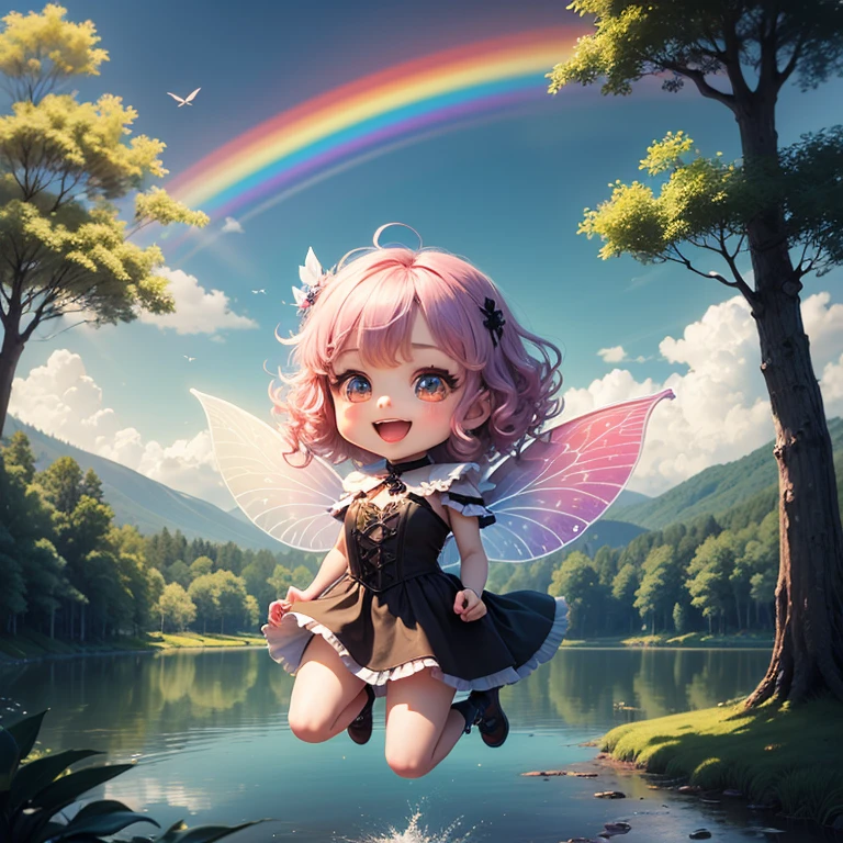 masterpiece、top-quality、ultra-detailliert、(Fairy Daughter:1.2)、(Chibi Chara:1.1)、wraith、Curly hair、Open your mouth and smile、lake in the middle of a forest、jumping、Rainbow Light、the morning sun、rainbows