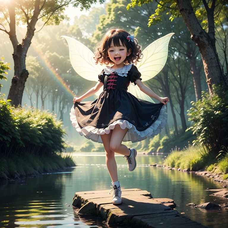 masterpiece、top-quality、ultra-detailliert、(Fairy Daughter:1.2)、(Chibi Chara:1.1)、wraith、Curly hair、Open your mouth and smile、lake in the middle of a forest、jumping、Rainbow Light、the morning sun、rainbows