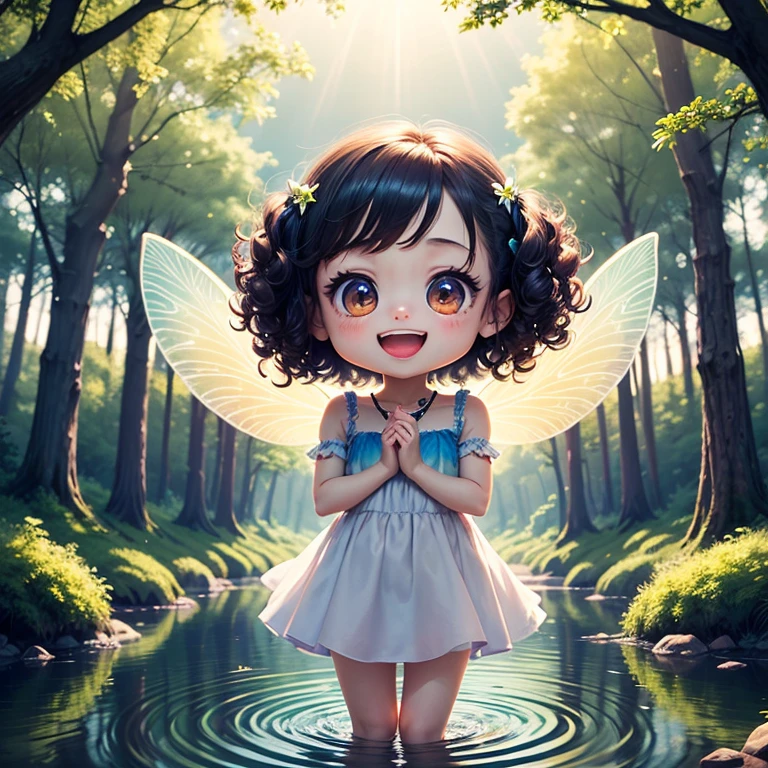 masterpiece、top-quality、ultra-detailliert、(Fairy Daughter:1.2)、(Chibi Chara:1.1)、wraith、Curly hair、Open your mouth and smile、lake in the middle of a forest、jumping、Rainbow Light、the morning sun、rainbows