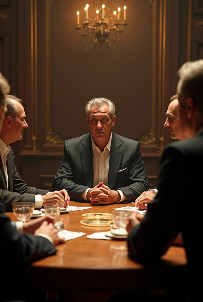 Create an image of a scene in an elegant room with men dressed in formal suits, sitting around a table, while a man, with a serene expression, makes his bet.