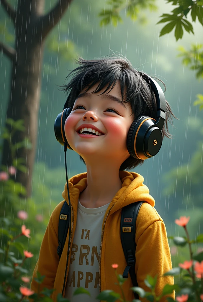 Boy enjoying music in rain
