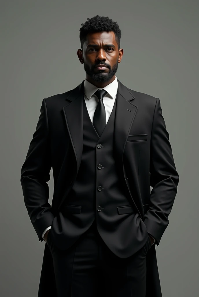 Dark-skinned Latin American Costa Rican person wearing a black jacket, black gloves, white shirt and black pants
