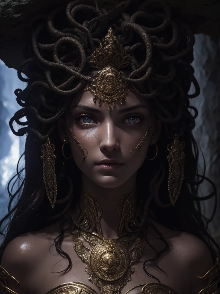 best quality, 8k, very delicate and beautiful, highly detailed face and skin texture, shiny skin, high resolution, medusa stand in a cave, sharp focus